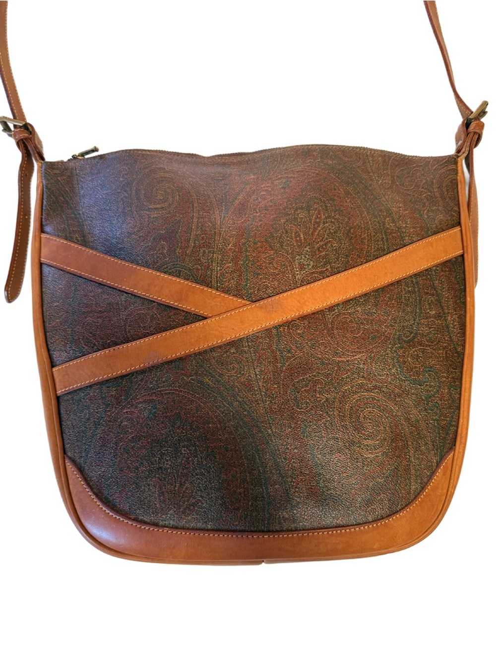 Brown Paisley Crossbody Shoulder Bag with Tan Trim